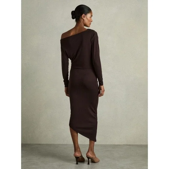 REISS Fleur Off The Shoulder Ruched Jersey Midi Dress Brown Long Sleeve Sz Large - Picture 3 of 15